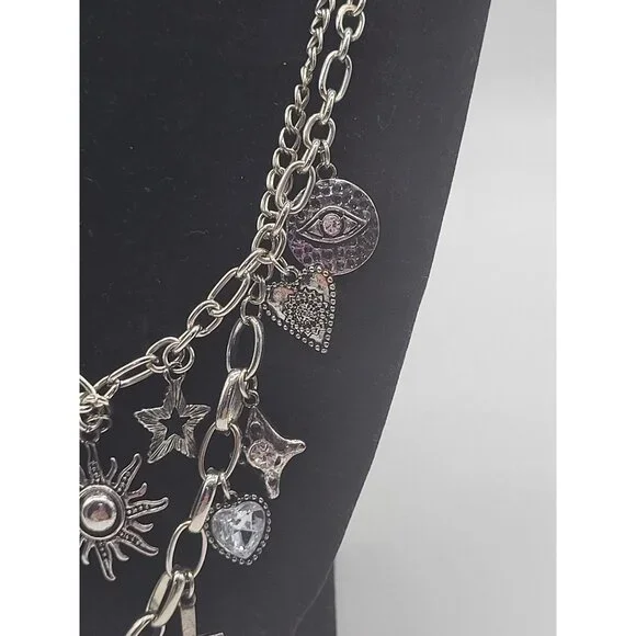 Silver Tone Charm Necklace Tarot Sun Evil Eye Hamsa Hand Cross Hearts Stars Goth - Picture 4 of 10